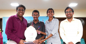 Ms. Anna Dominic and Mr. Anugrah V. K. of Department of History receiving the First Prize from the Ernakulam District Collector Mr. N S K Umesh IAS for the Quiz Competition held by Systematic Voters’ Education and Electoral Participation